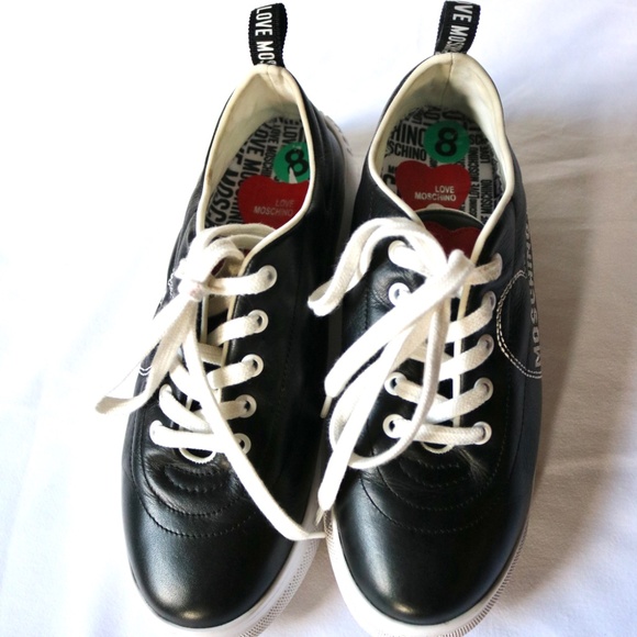 Love Moschino Black Leather Sneakers Running Shoes Heart Lace Up Women's 8 - Picture 10 of 11
